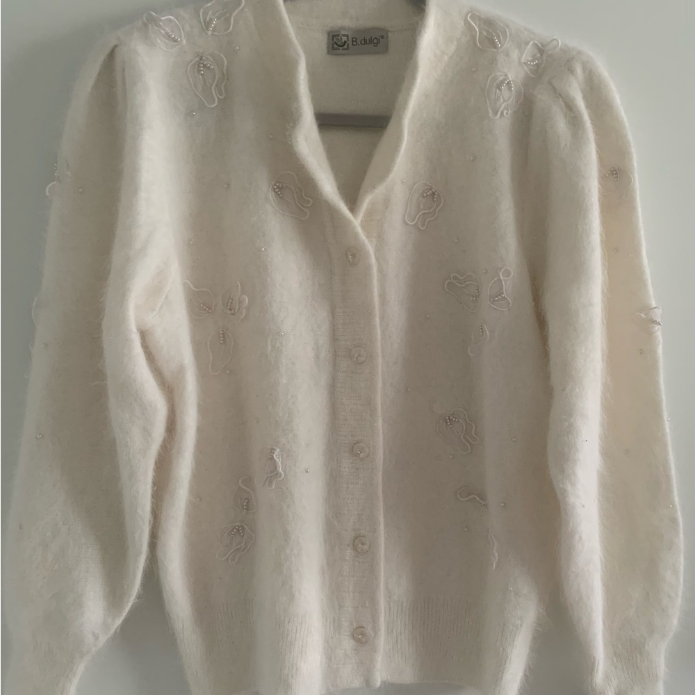 ​VTG B.dulgi White Angora Wool Blend Beaded Cardigan Sweater - Soft Coquette M
